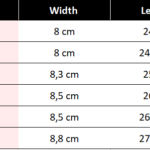 shoe size table with width and length measurements